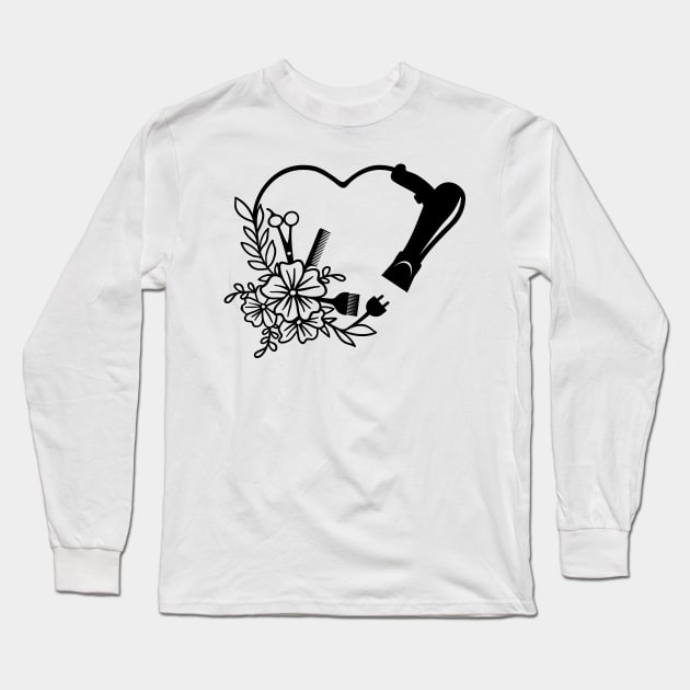 Hair Drying Shirt - Heart Design Hair Dryer T-Shirt - Beautician Clothes - Beauty Salon Workers Outfit - Hairdresser Shirt - Makeup Artist Long Sleeve T-Shirt by SeleART